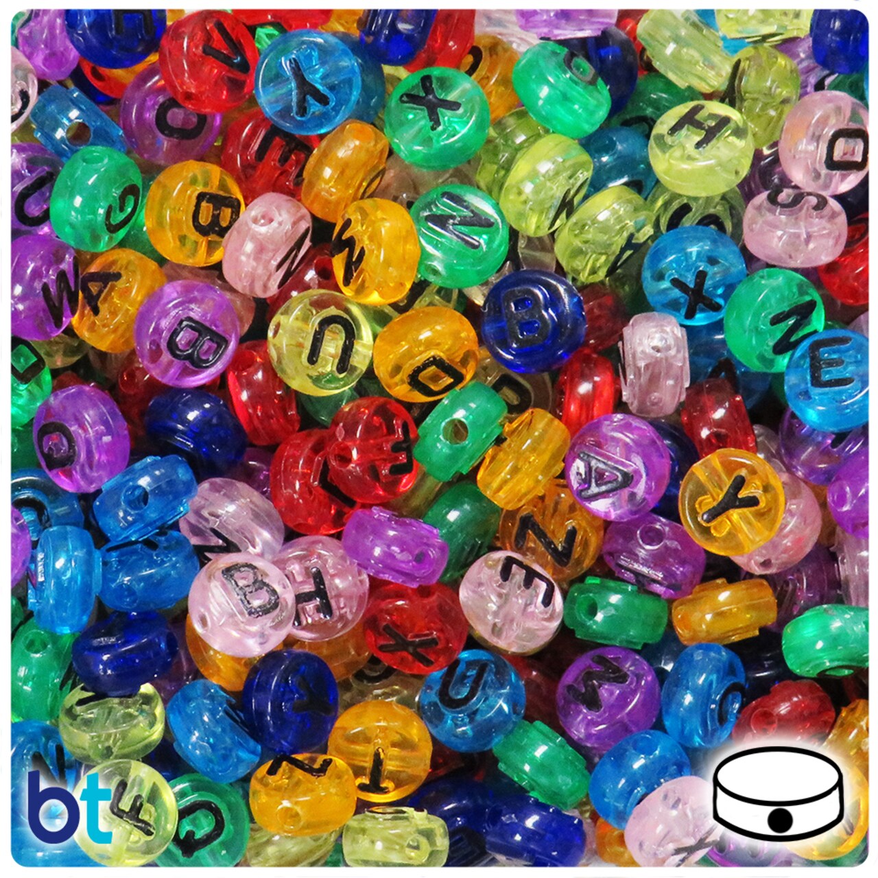 BeadTin Mixed Transparent 10mm Coin Alpha Beads - Black Letter Mix (144pcs)